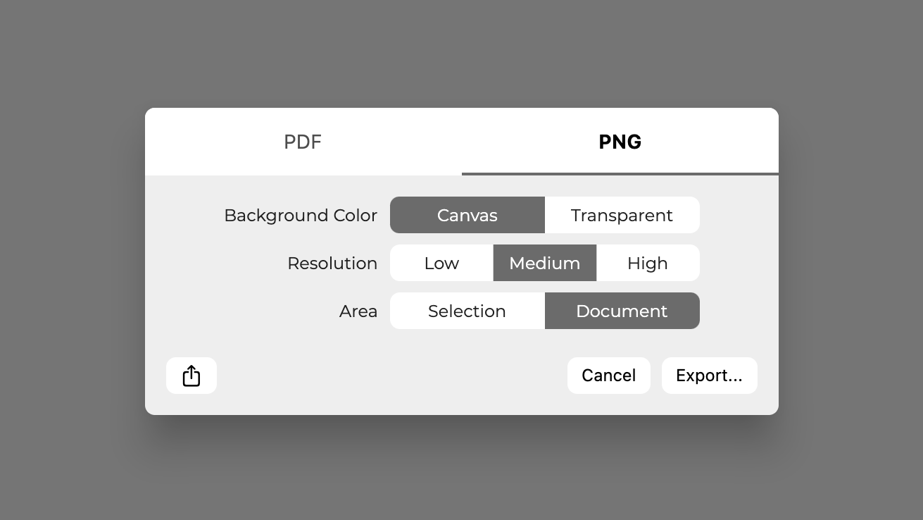 Screenshot vom Export-Dialog, der PNG und PDF Export-Optionen zeigt